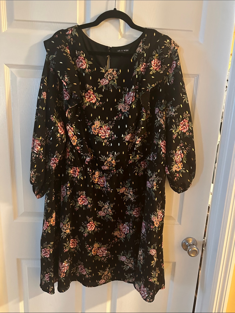 As U Wish Black Floral Puff Sleeve Dress with Pink Blooms
